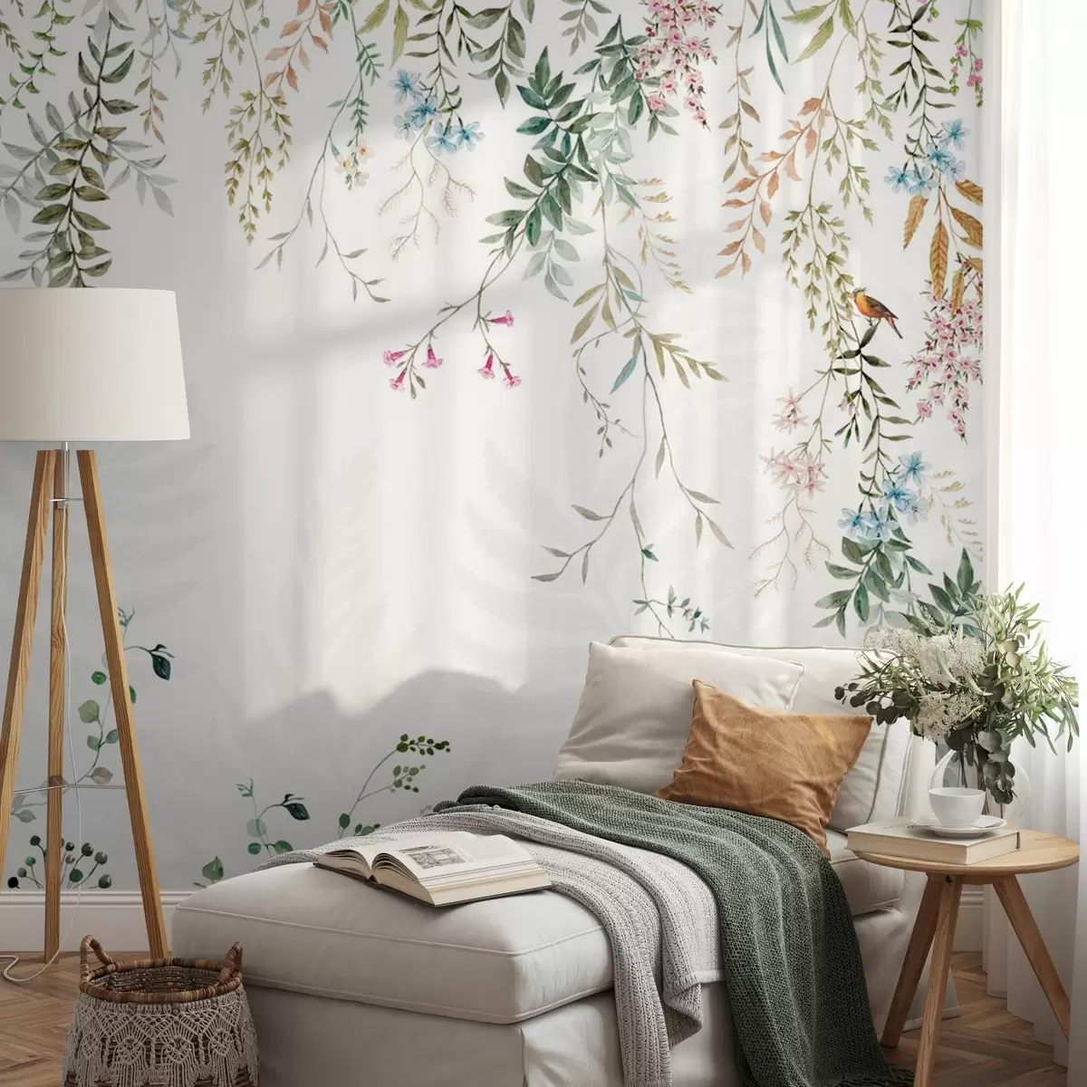 Fototapeedid Botaaniline illustratsioon sõnajalgade, rohu ja rippuvate taimedega, pastelsetes toonides, valgel taustal akvarellstiilis tekstuuriga w09364