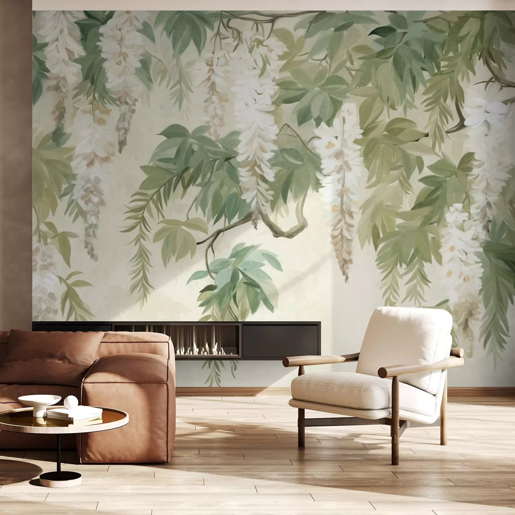 Fototapeedid Wisteria oksad valgete lillede ja roheliste lehtedega, roheline taust, tekstuurne vintage maalimise stiilis w09375