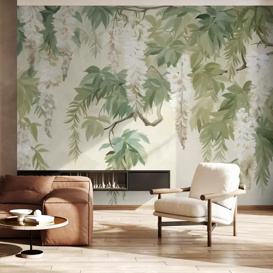 Fototapeedid Wisteria oksad valgete lillede ja roheliste lehtedega, roheline taust, tekstuurne vintage maalimise stiilis w09375