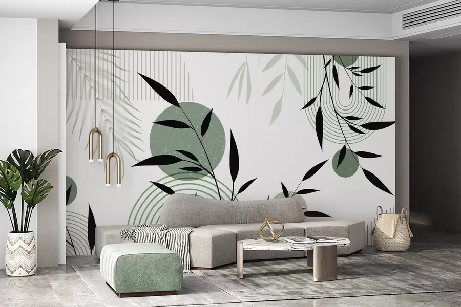 Fototapeedid Geomeetriliste kujundite, ringide ja kaarega ning mustade ja roheliste taimedega tekstuurne abstraktne trükis valgel taustal w09384