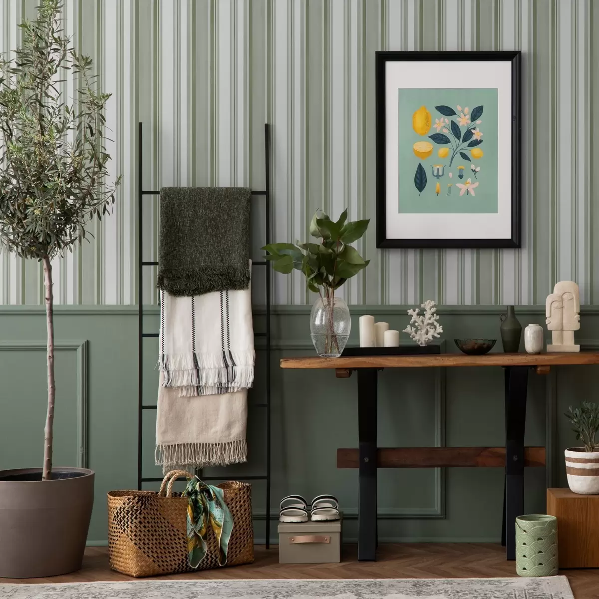 Tapeet Rohelised triibud valgete intervallide ja õhukeste joontega a00526