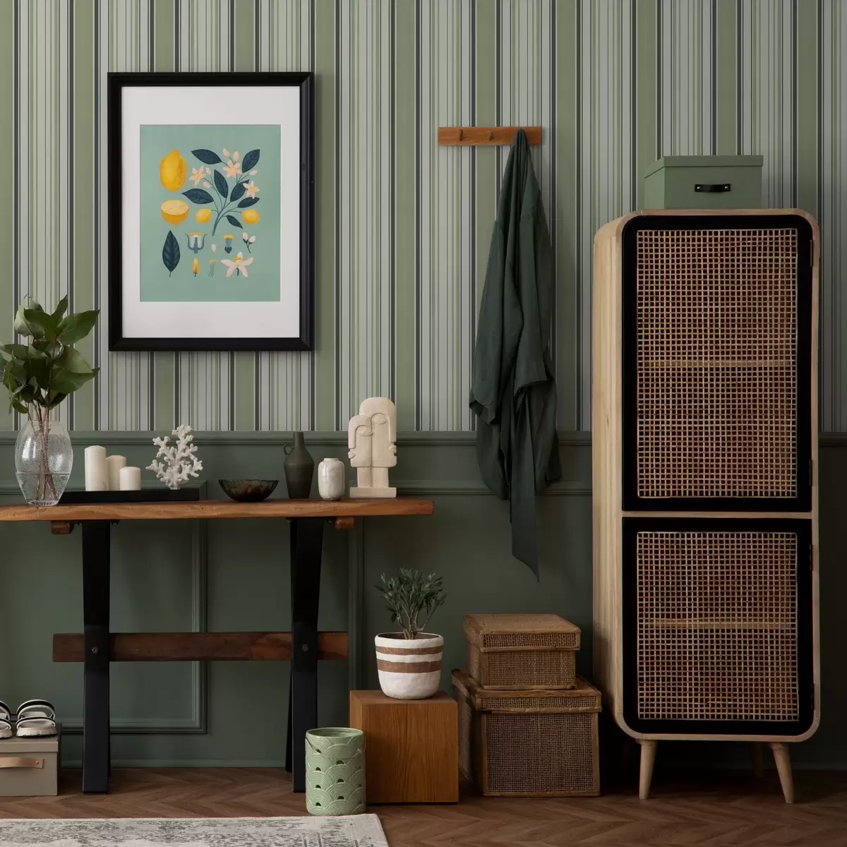 Tapeet Roheliste ja mustade triipude seguga kreemikas taust a00563