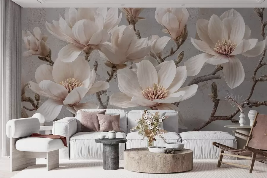 Fototapeedid Magnoolia oksad suurte heledate lilledega summutatud toonides w09305