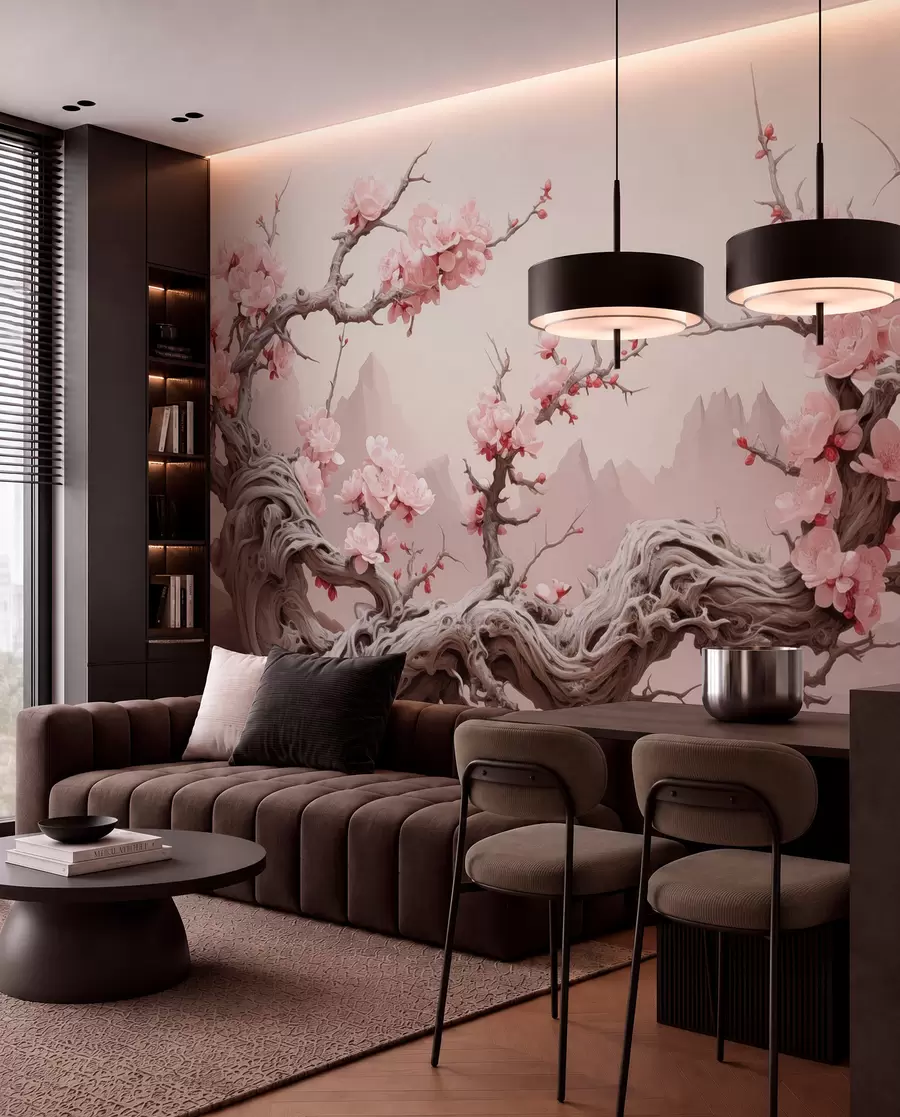 Fototapeedid Keerdunud puutüvi koos õitsva roosa sakuraga w09388