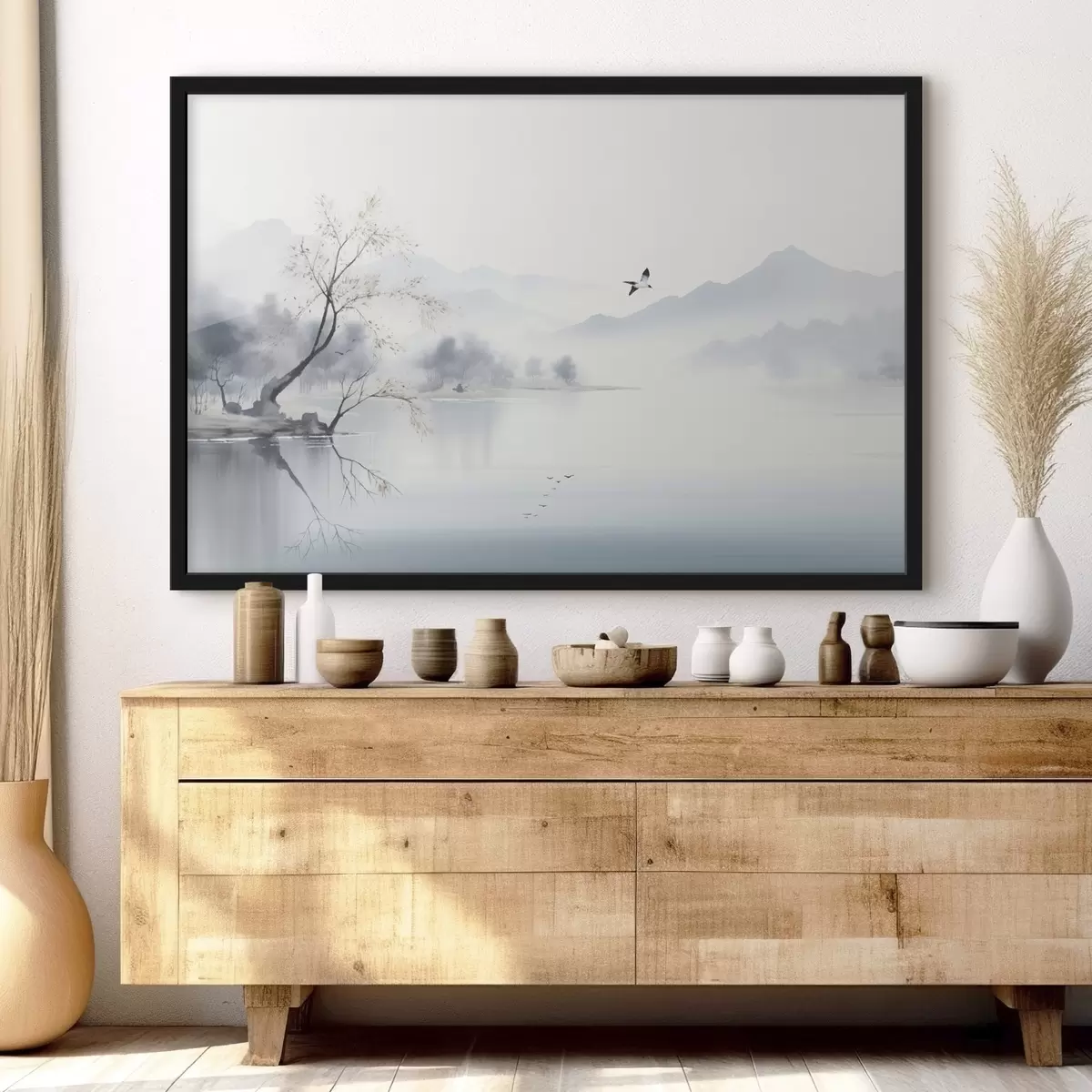 Plakat Udune maastik puu, mägede ja lindudega f45518