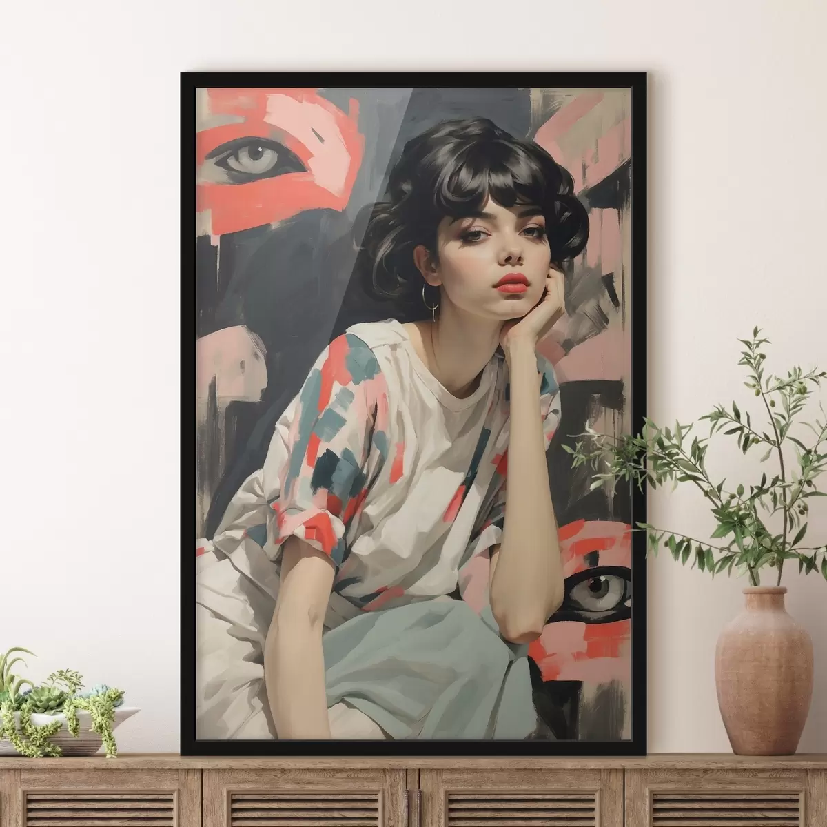 Plakat Tüdruku portree silmade ja abstraktsete piirjoontega taustal f45623