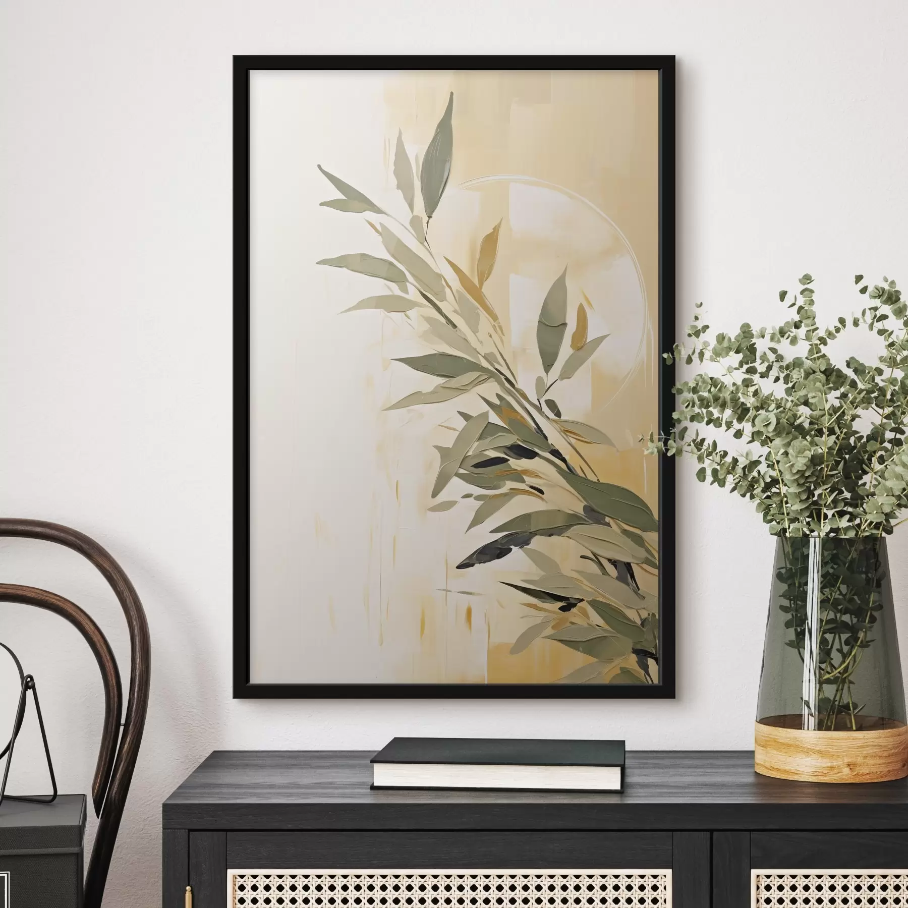 Fototapeedid Roheliste lehtedega botaaniline haru soojal taustal f45690