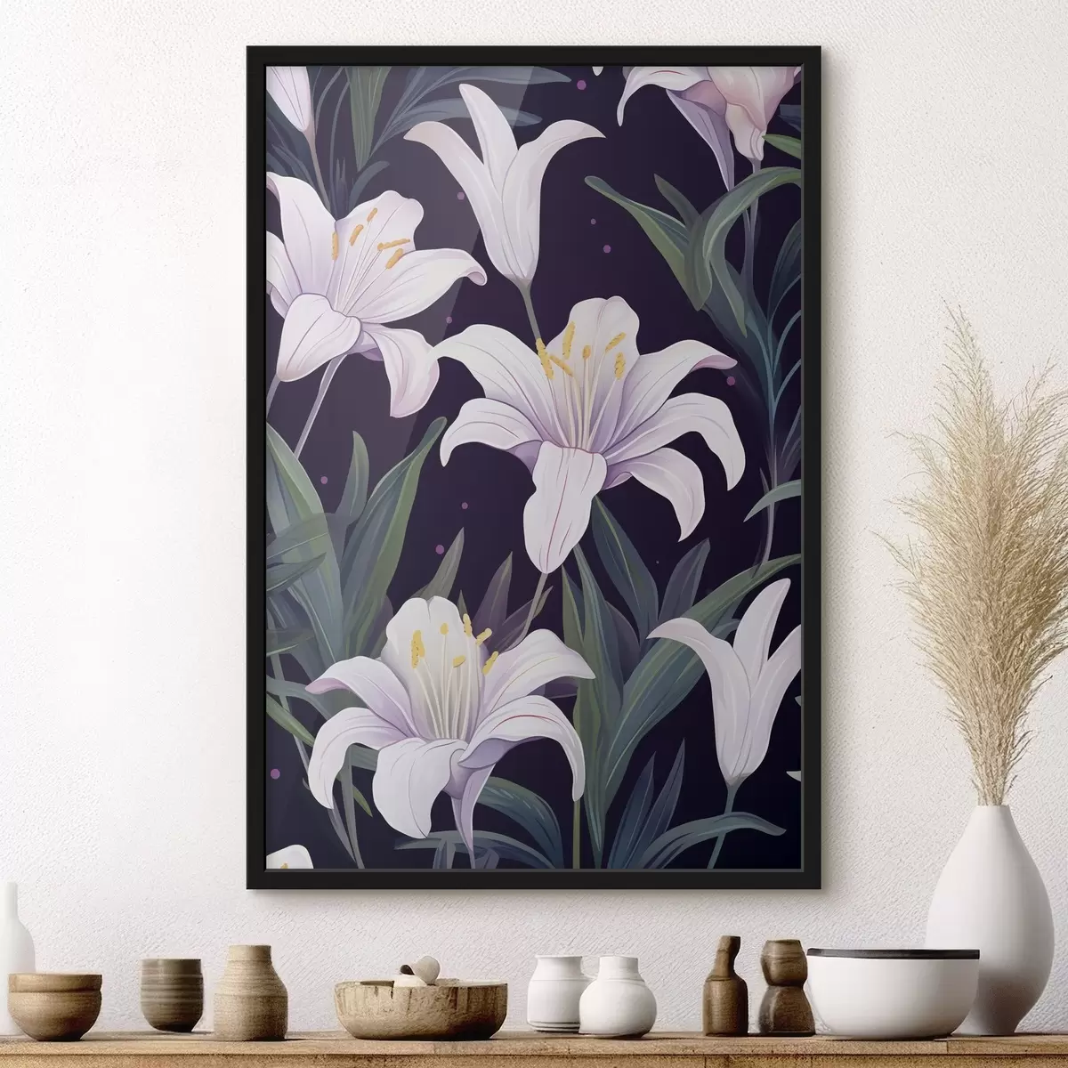 Plakat Õrnad liiliad tumedal taustal roheliste lehtedega f45697