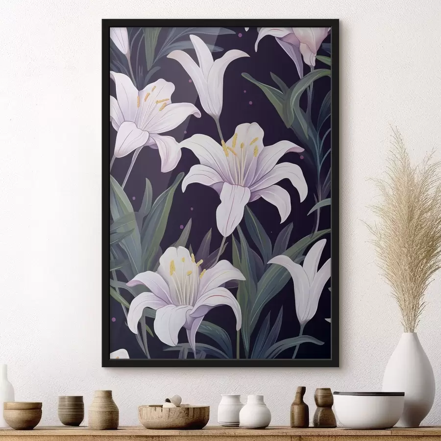 Fototapeedid Õrnad liiliad tumedal taustal roheliste lehtedega f45697