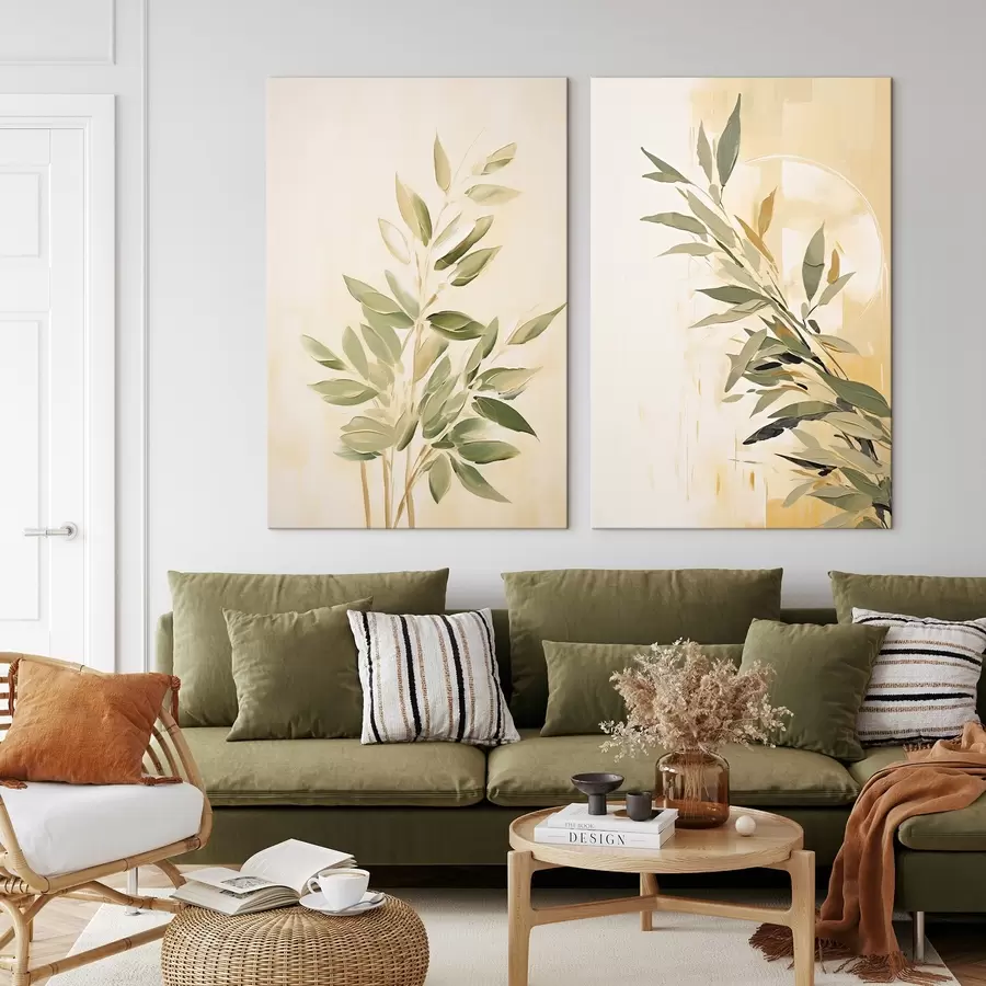 Pilt Roheliste lehtedega botaaniline haru soojal taustal m00686