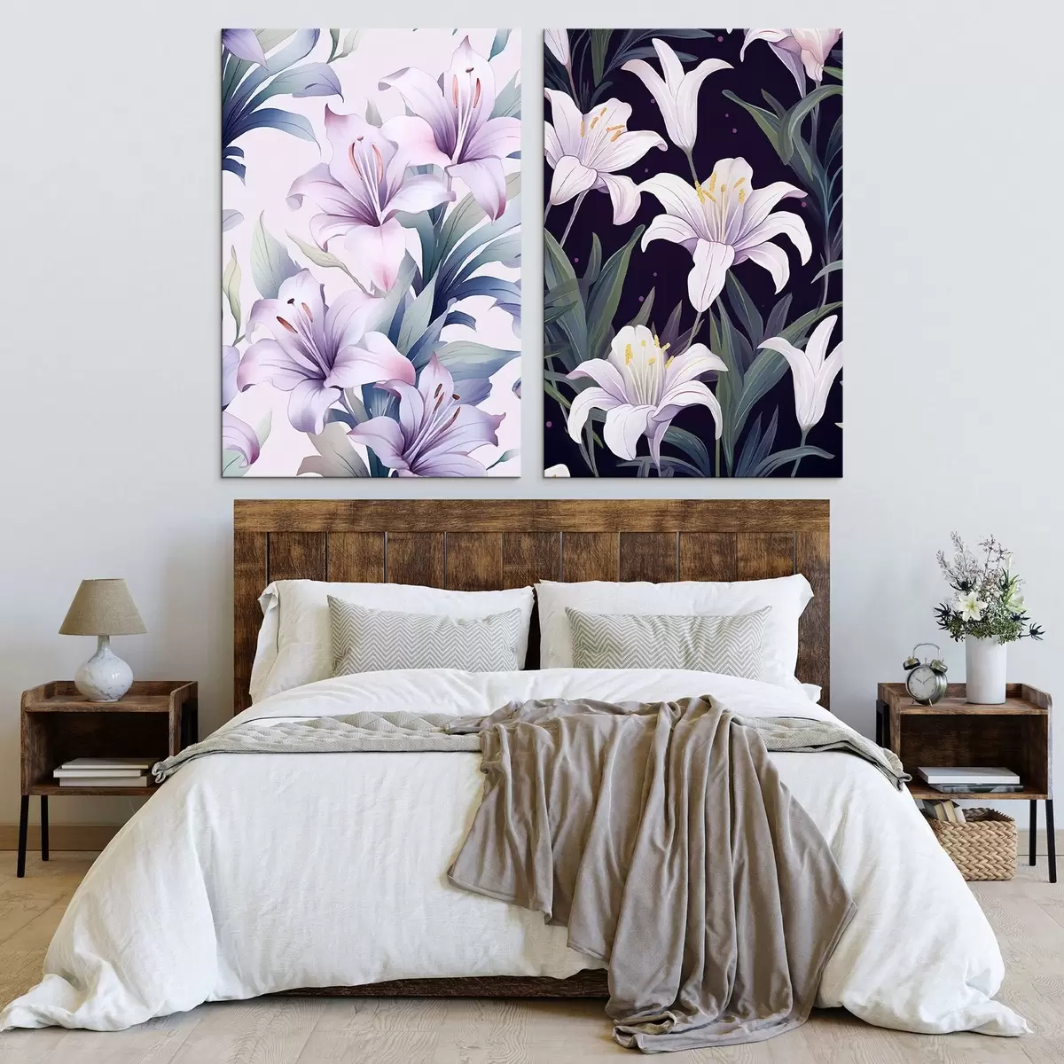 Pilt Õrnad roosad liiliad roheliste lehtedega heledal ja tumedal taustal m00689