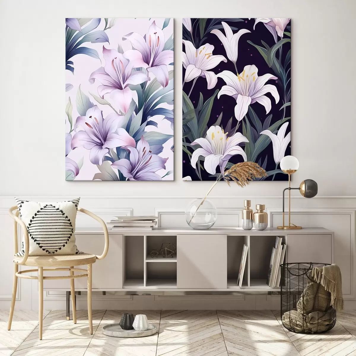 Pilt Õrnad roosad liiliad roheliste lehtedega heledal ja tumedal taustal m00689