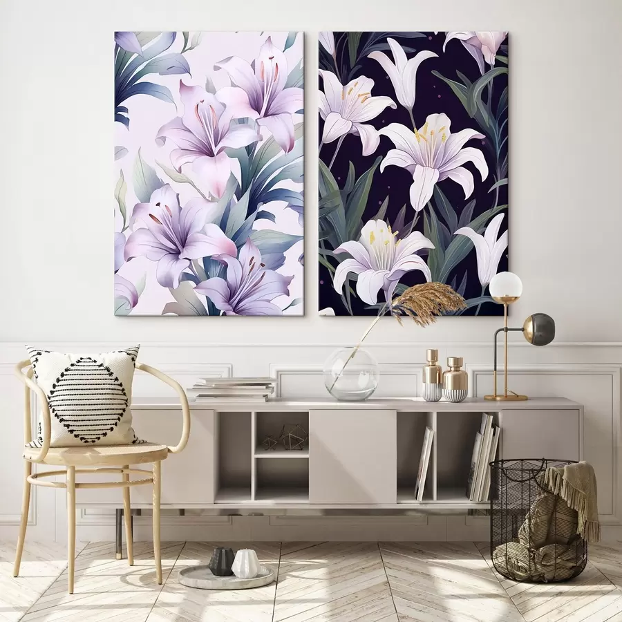 Pilt Õrnad roosad liiliad roheliste lehtedega heledal ja tumedal taustal m00689