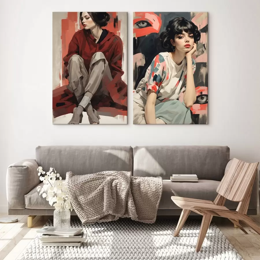 Pilt Tüdrukute portreed punases ja beežis abstraktses stiilis m00695