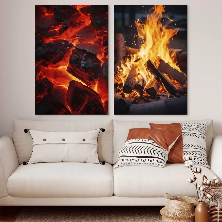 Pilt Põlevad söed ja leegitsev tuli pimedas m00696