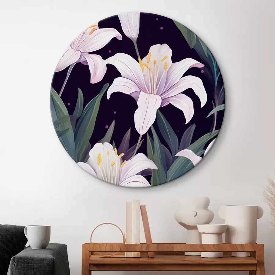 Pilt Õrnad liiliad tumedal taustal roheliste lehtedega r45697