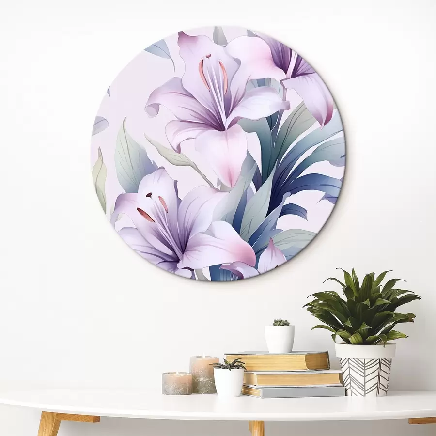 Pilt Suured roosa-lillad lillad roheliste lehtedega lillad r45698