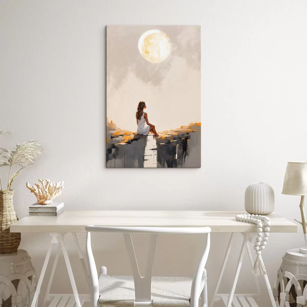 Pilt Tüdruk valges kleidis istub suure kuu all s45621