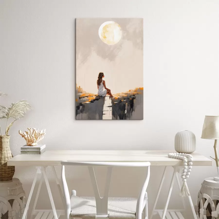 Pilt Tüdruk valges kleidis istub suure kuu all s45621