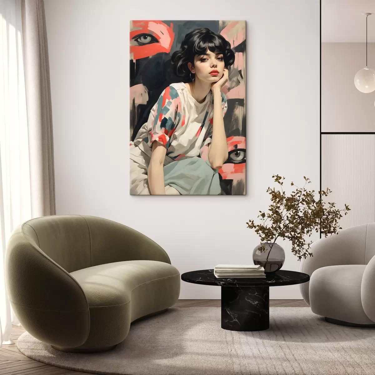 Pilt Tüdruku portree silmade ja abstraktsete piirjoontega taustal s45623