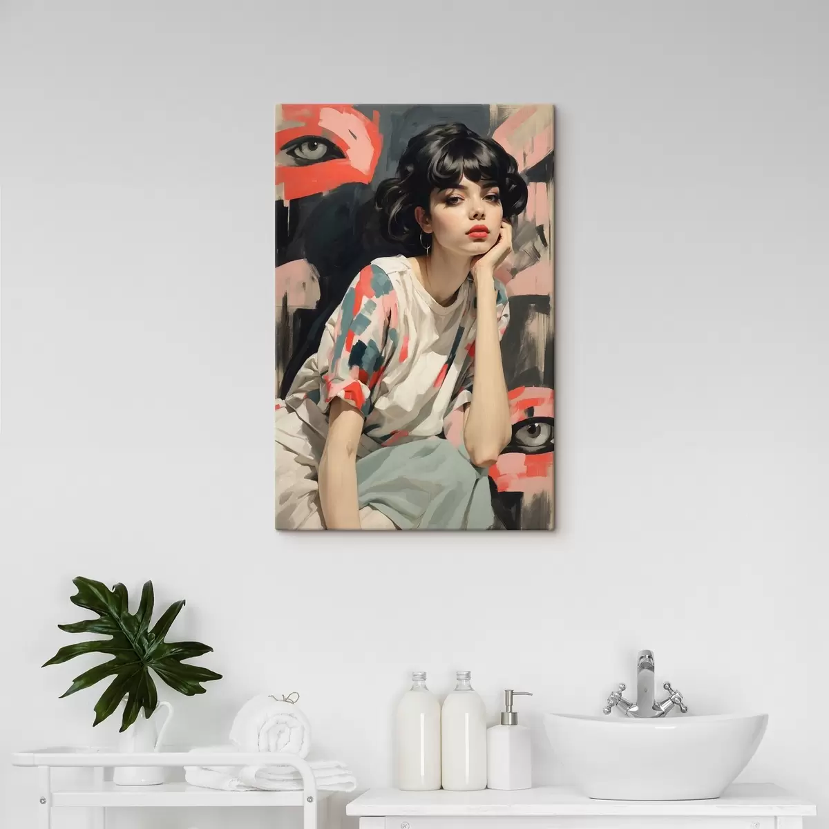 Pilt Tüdruku portree silmade ja abstraktsete piirjoontega taustal s45623