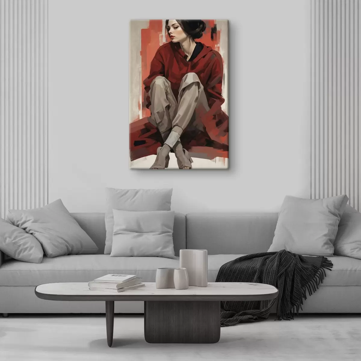 Pilt Tüdruk punases mantlis istub kokku pandud jalgadega s45624