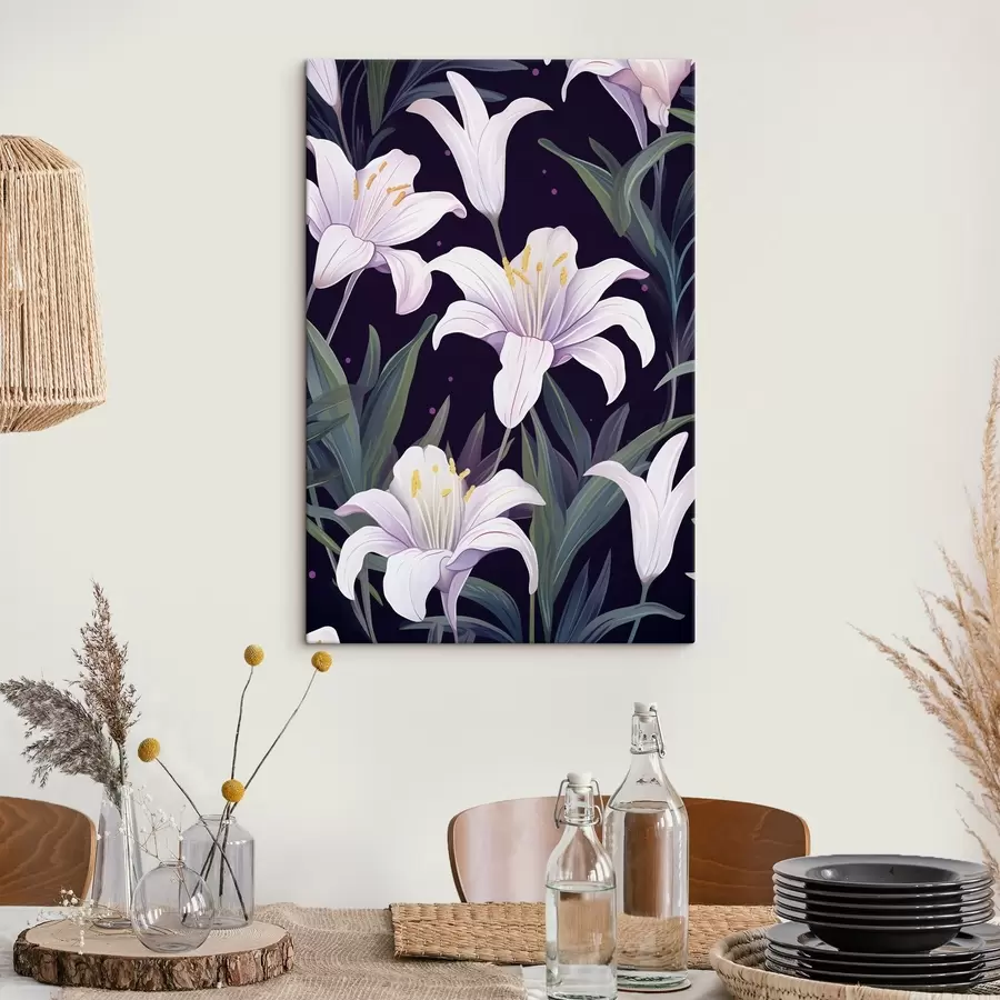 Pilt Õrnad liiliad tumedal taustal roheliste lehtedega s45697