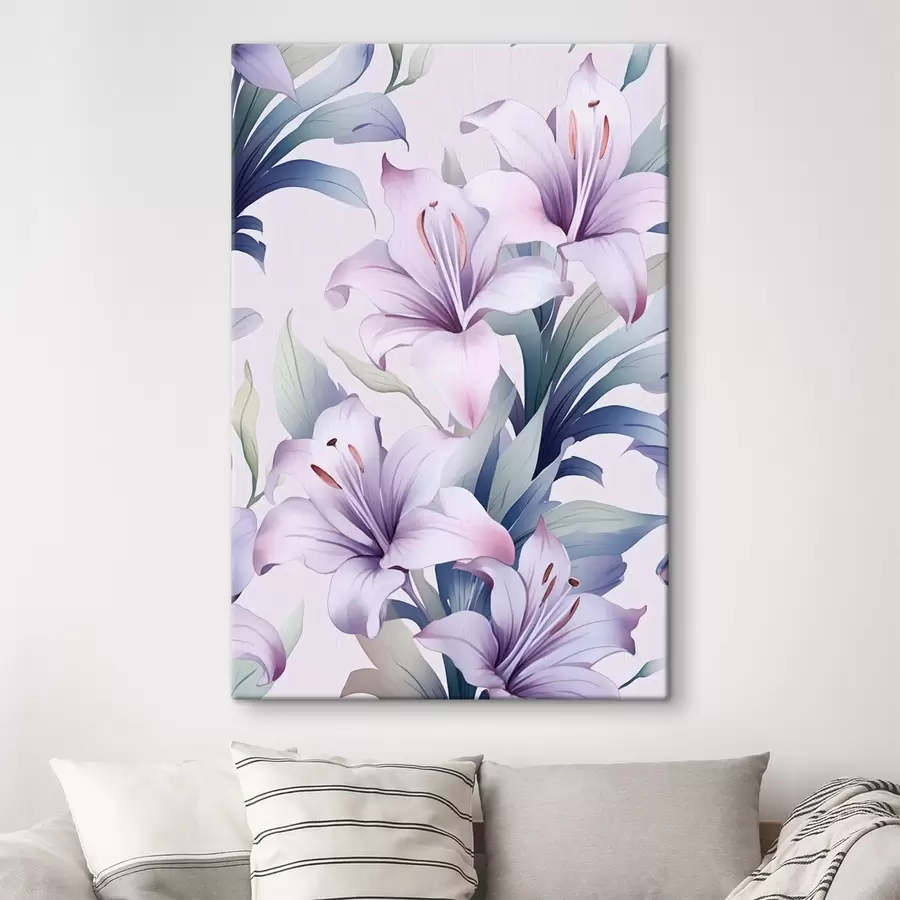 Pilt Suured roosa-lillad lillad roheliste lehtedega lillad s45698