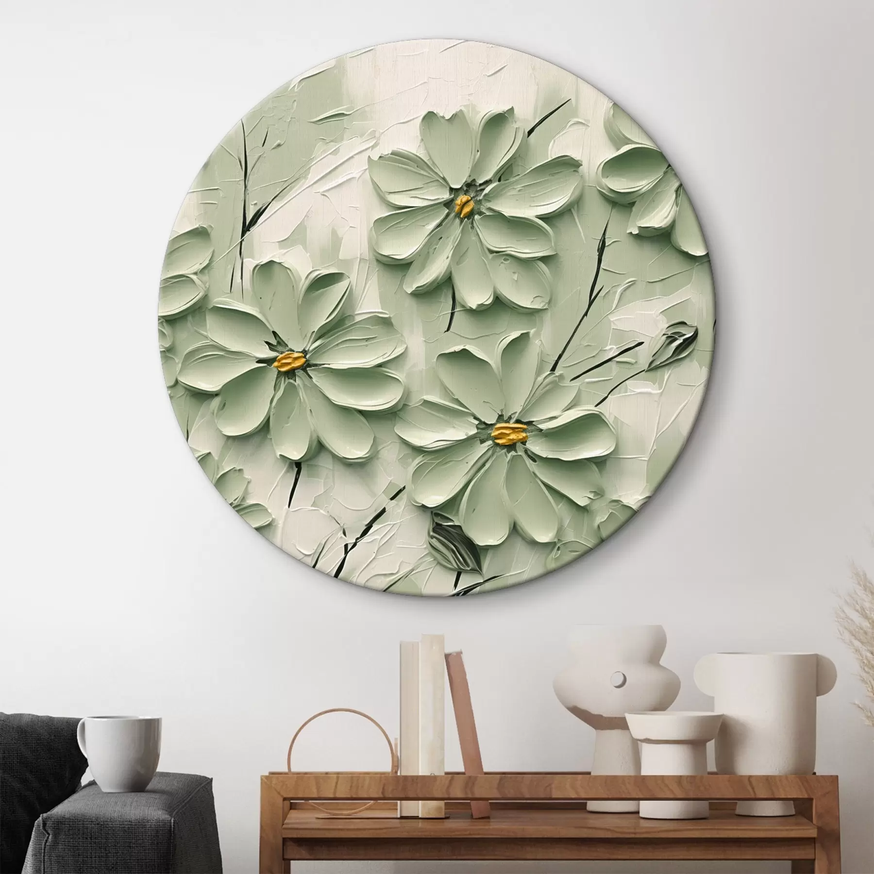 Pilt Rohelised lilled kollase keskusega värvitud paksude pintslitõmmetega heledal taustal r45265