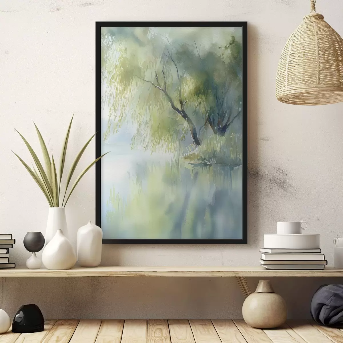Plakat järve kaldal kasvav paju akvarellstiilis f45715