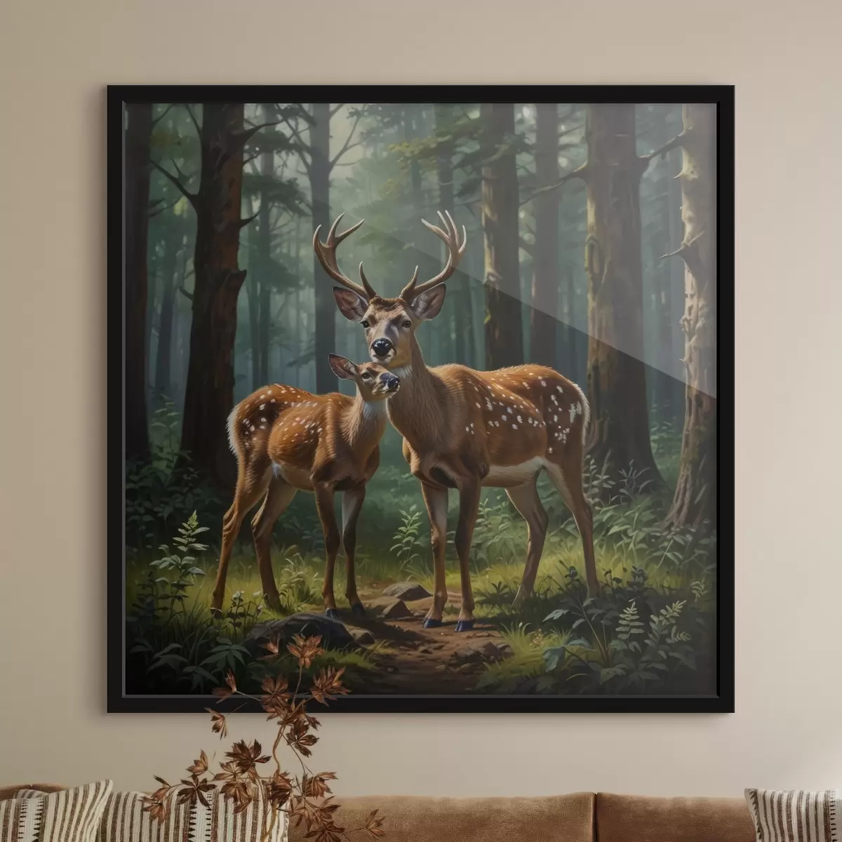 Plakat hirv koos vasikaga metsas f45732