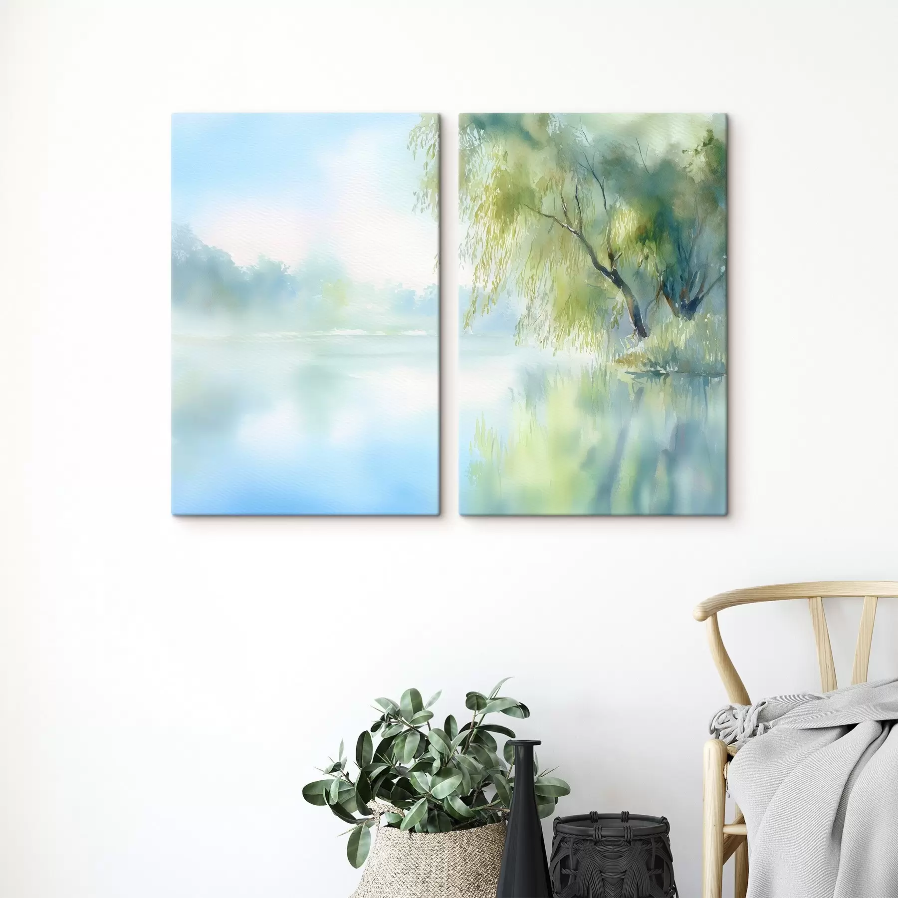 Pilt järve kaldal kasvav paju akvarellstiilis m00702