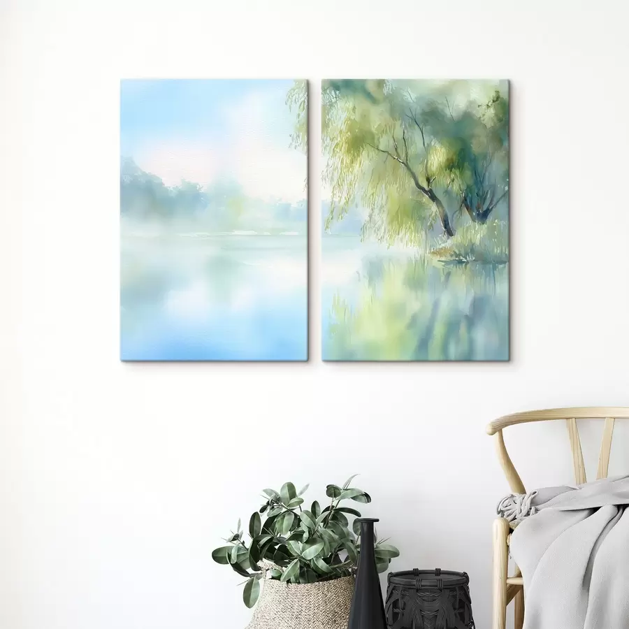 Pilt järve kaldal kasvav paju akvarellstiilis m00702