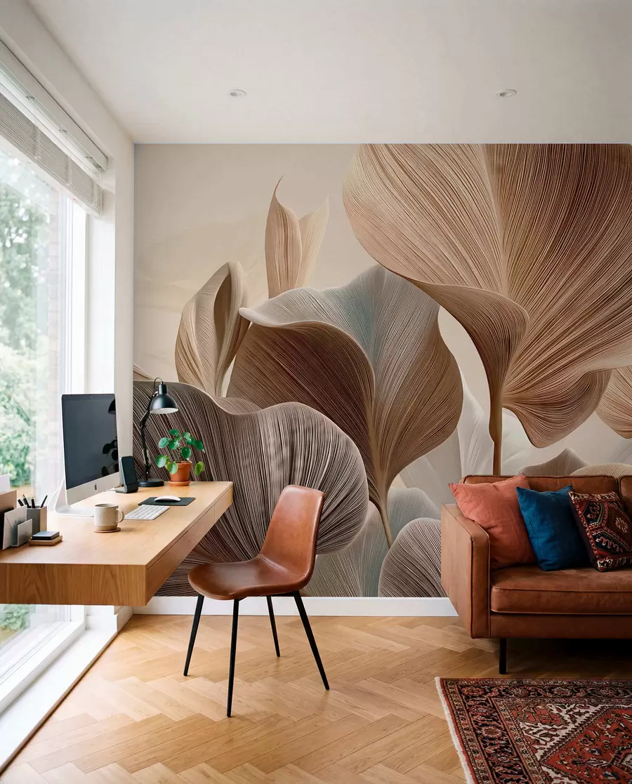 Fototapeedid Elegantsed beežid lehed peene lineaarsete tekstuuridega w04549