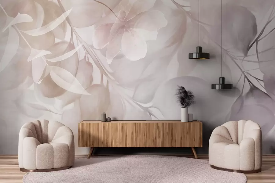 Fototapeedid Lilleline kunst, milles on kasutatud vaoshoitud beeži ja pruuni värvi lilli, lehti ja oksi, pehmeid pastelltoone ning akvarellilist tekstuuri w09397