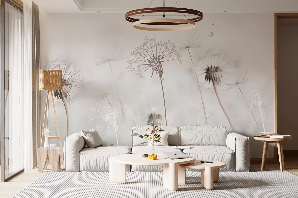 Fototapeedid Vesi tilkadega võililled, valge taust, lähivõte, pehme valgus, loodus, botaanika, õhuline, delikaatne, minimalistlik w09399