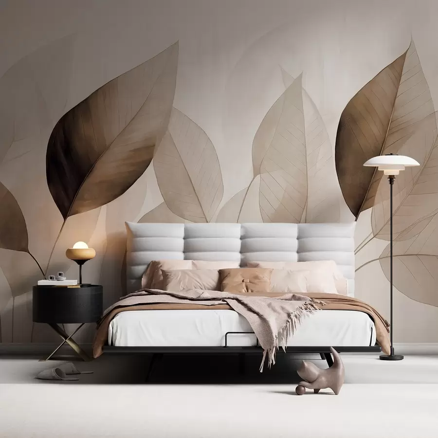 Fototapeedid Tekstuuriga maalitud lehtede imitatsioon pruuni ja beeži toonides, õrnad leherootsud ja varred w09400v1