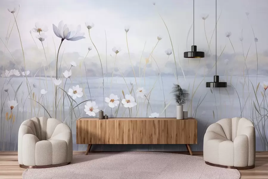 Fototapeedid Valged lilled pikkade vartega põllul, helesinine taevas, pehmed värvid, tekstuurne, minimalistlik stiil, loodusest inspireeritud, rahulik taust w09401