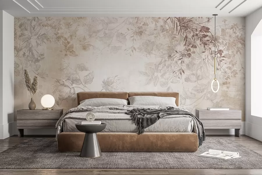 Fototapeedid Vintage tekstuuriga lillekunst, millel on joonistusstiilis õrnad aia lilled ja lehed, pehmed pastelsed beežid ja seepia toonid w09402