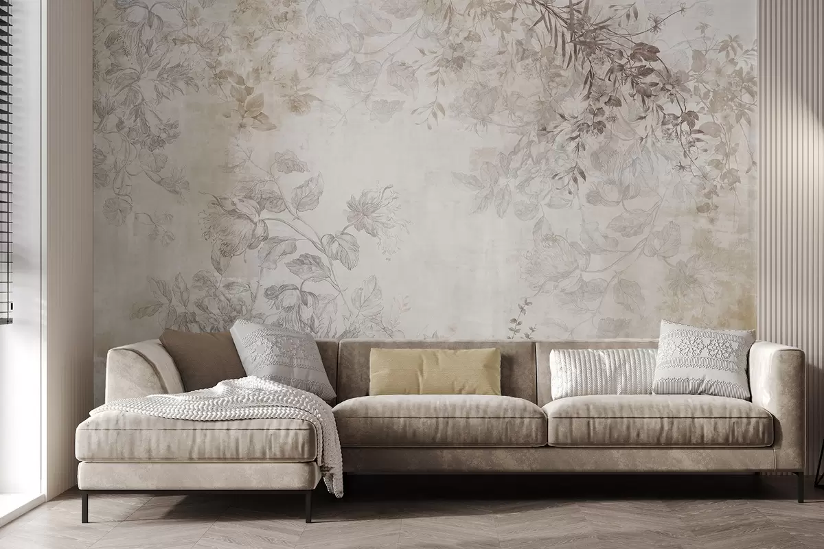 Fototapeedid Vintage tekstuuriga lillekunst, millel on joonistusstiilis õrnad aia lilled ja lehed, pehmed pastelsed beežid ja seepia toonid w09402