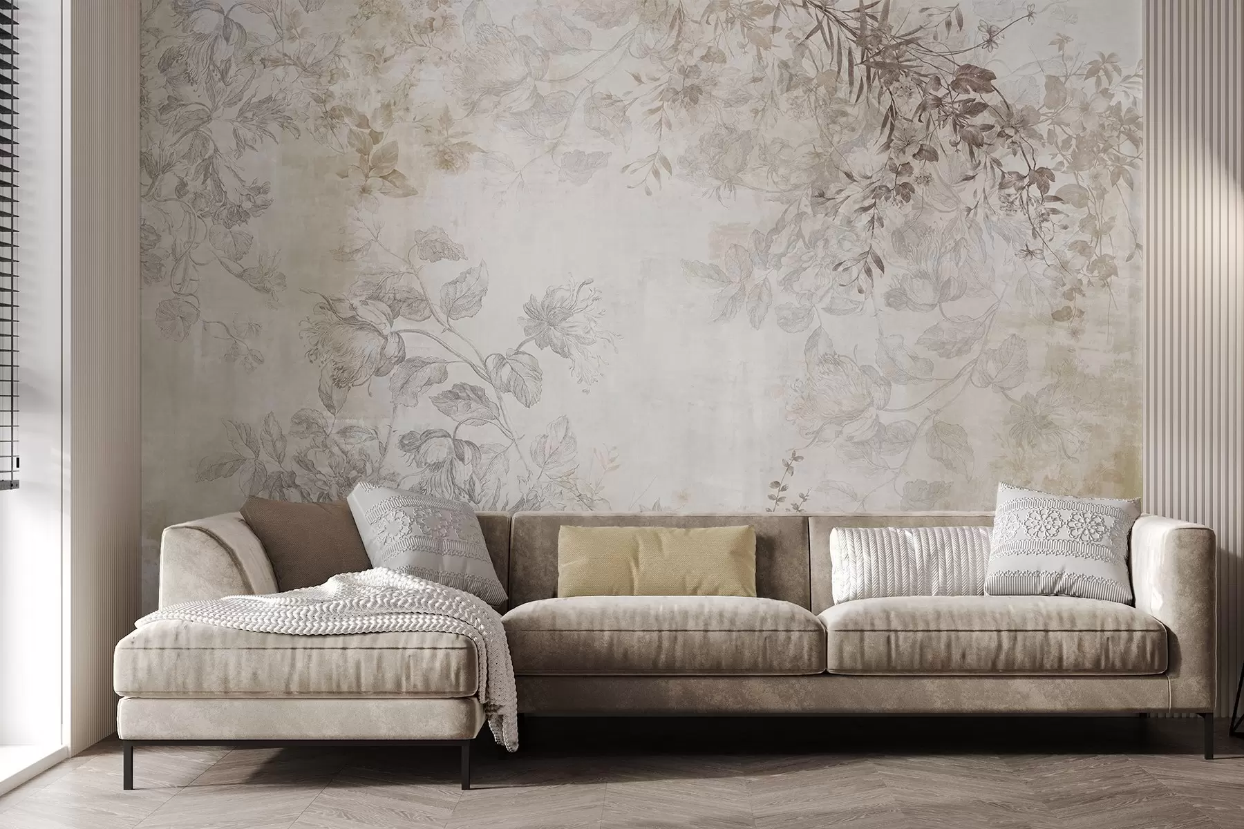 Fototapeedid Vintage tekstuuriga lillekunst, millel on joonistusstiilis õrnad aia lilled ja lehed, pehmed pastelsed beežid ja seepia toonid w09402