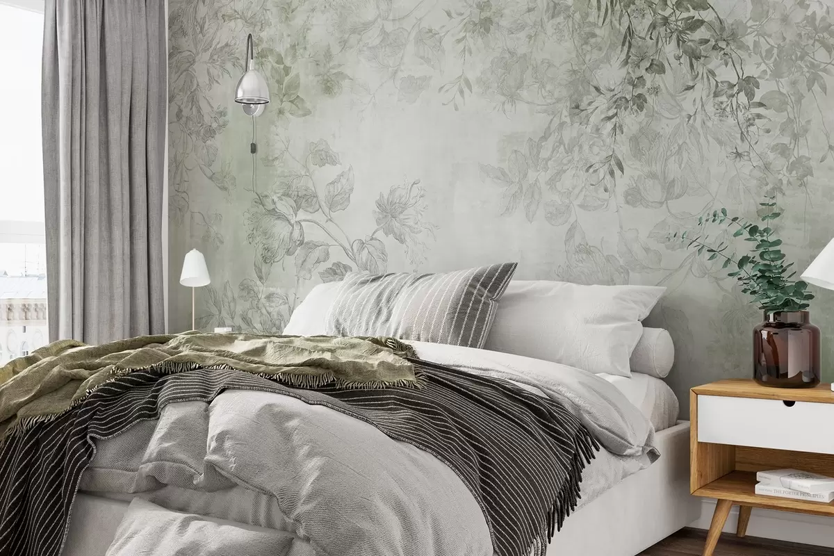 Fototapeedid Vintage tekstuuriga lillekunst, millel on joonistusstiilis õrnad aia lilled ja lehed, pehmed rohelised toonid w09402v2