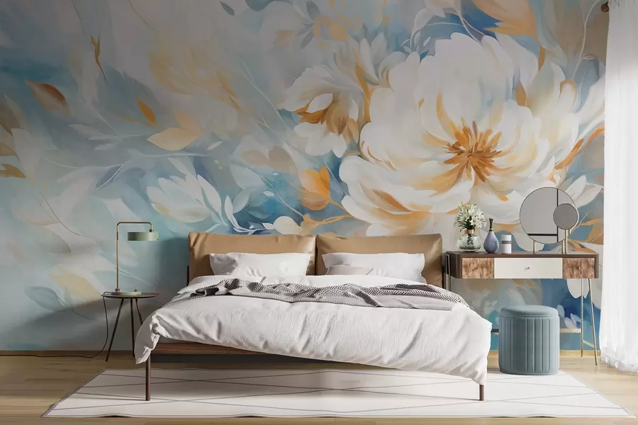 Fototapeedid Tekstuuriga valge lill siniste ja kollaste detailide ja lehtedega sinisel ja valgel abstraktsel taustal, maalistiilis w09403