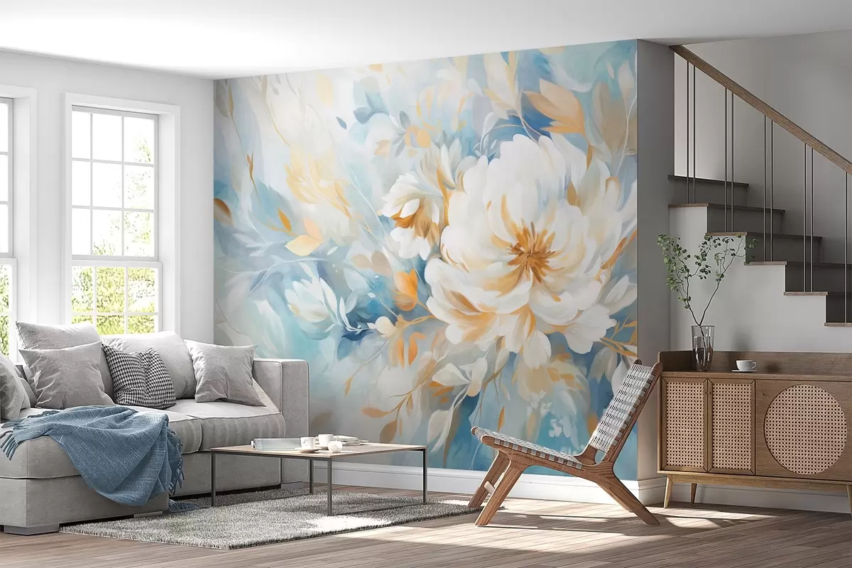 Fototapeedid Tekstuuriga valge lill siniste ja kollaste detailide ja lehtedega sinisel ja valgel abstraktsel taustal, maalistiilis w09403