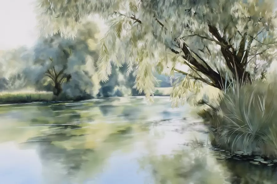 Fototapeedid vesivärvistiilis puu järve kohal w04501