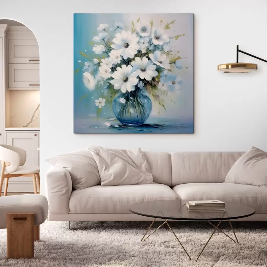 Pilt Sinises vaasis olev kimp margariite s45959