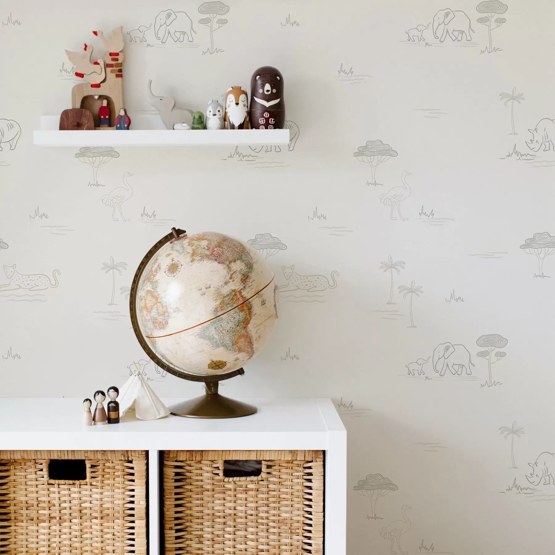 Fototapeedid Minimalistlik safari: elevandid, ninasarvikud, leopardid ja palmipuud a00492