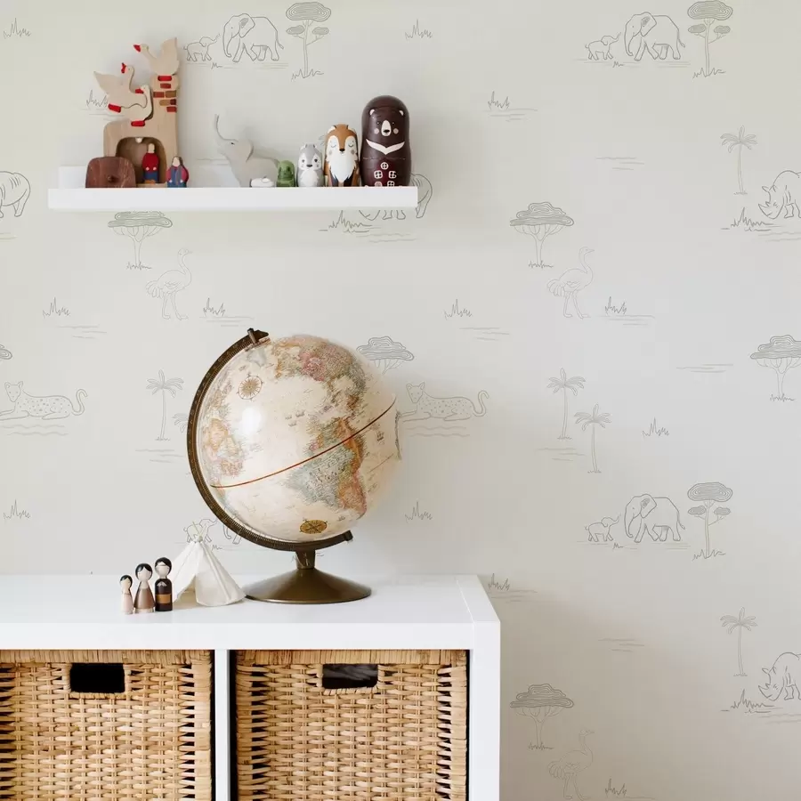 Fototapeedid Minimalistlik safari: elevandid, ninasarvikud, leopardid ja palmipuud a00492