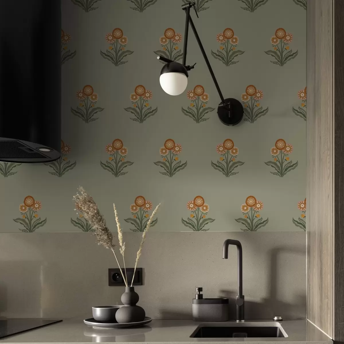 Tapeet Stiliseeritud lilled oliivirohelisel taustal, soojad toonid a00494v2