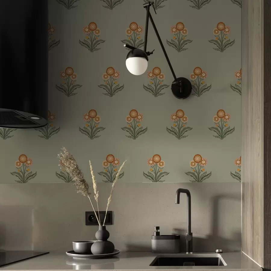 Fototapeedid Stiliseeritud lilled oliivirohelisel taustal, soojad toonid a00494v2